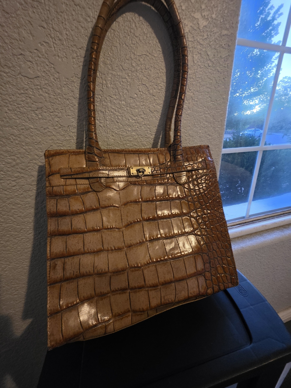 Preston & York Croc-Embossed Brown Shoulder Tote with Gold Turn-Lock